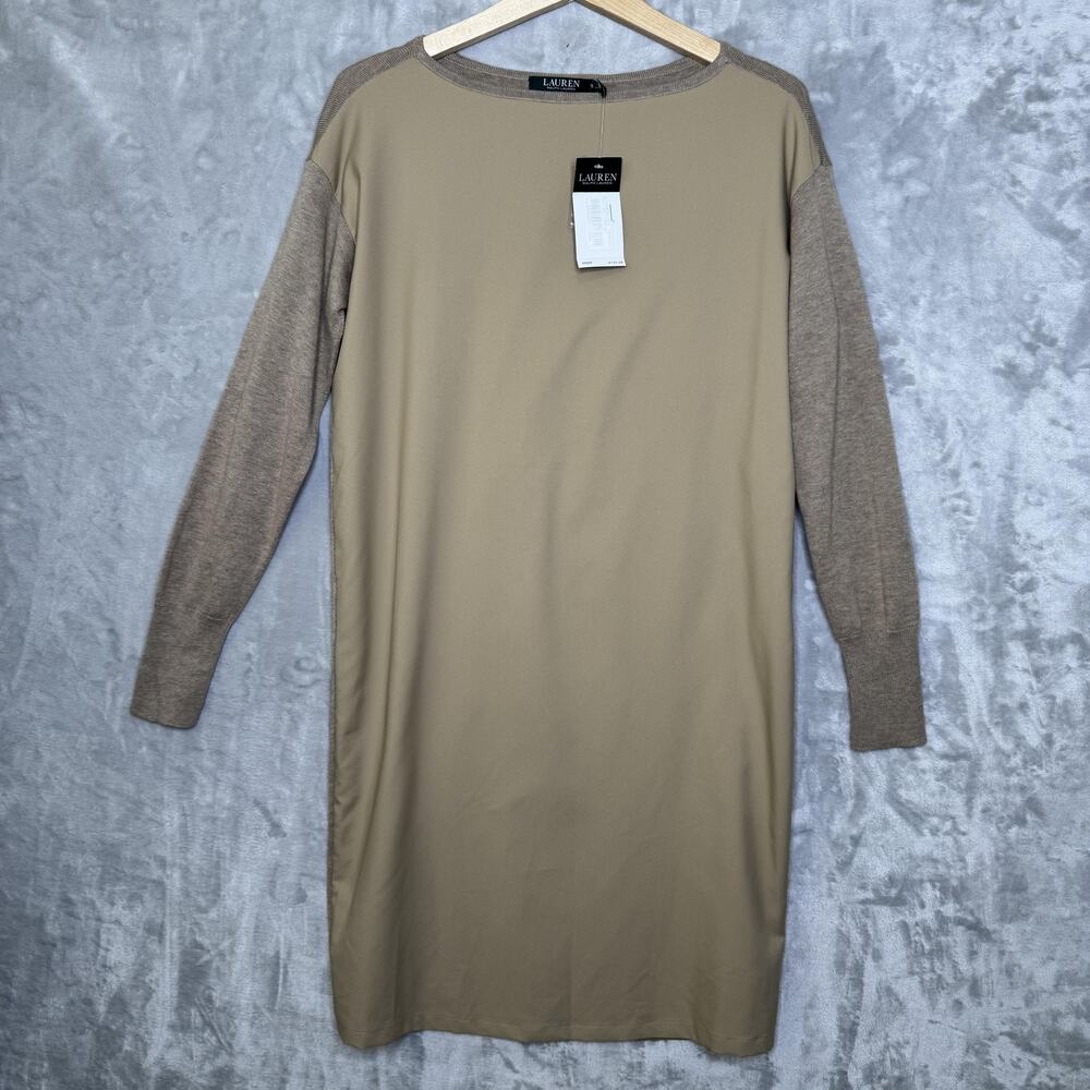 Lauren Ralph Lauren Dress Womens Petite Small Tan Brown Mixed Media Long Sleeve